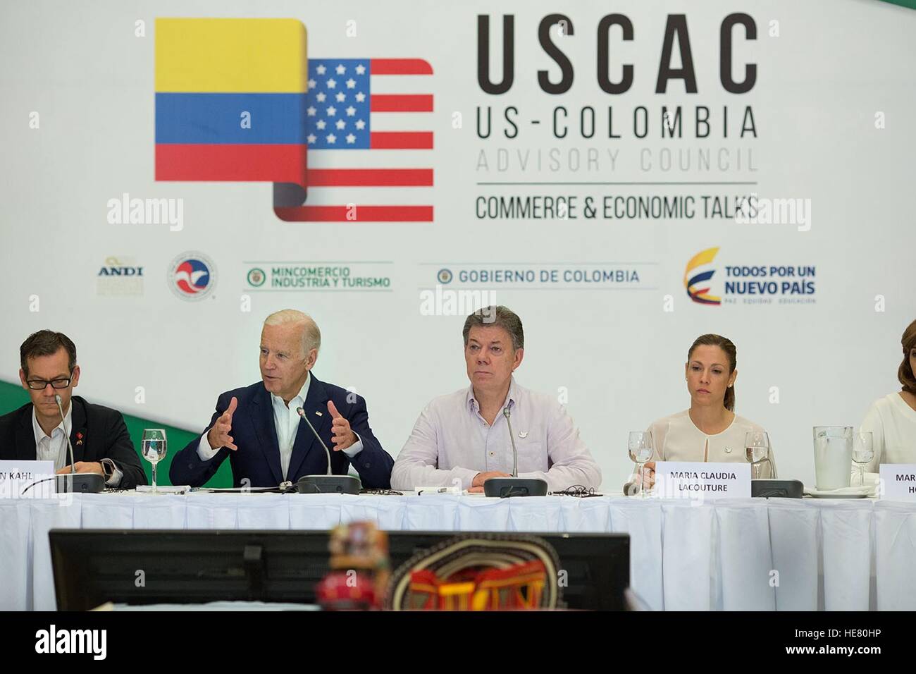 U.S. Vice President Joe Biden speaks at the United State-Colombia Commerce and Economic talks during the U.S.-Colombia Advisory Council Meeting December 2, 2016 in Cartagena, Colombia. Stock Photo