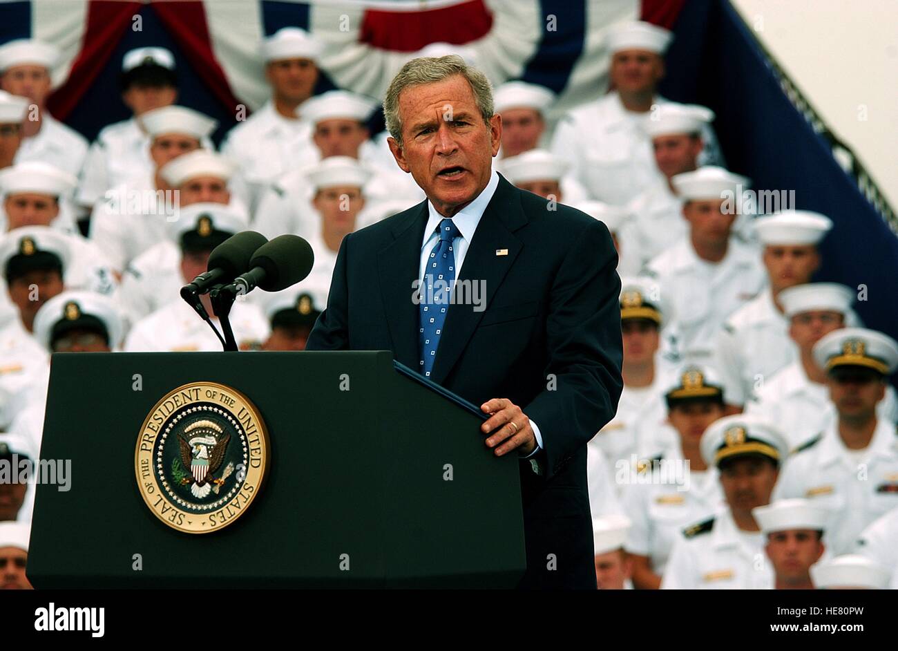 U.S. President George W. Bush talks to a crowd of U.S. soldiers during an event commemorating the 60th anniversary of Victory over Japan Day at the Naval Air Station North Island August 30, 2005 in Coronado, California. Stock Photo