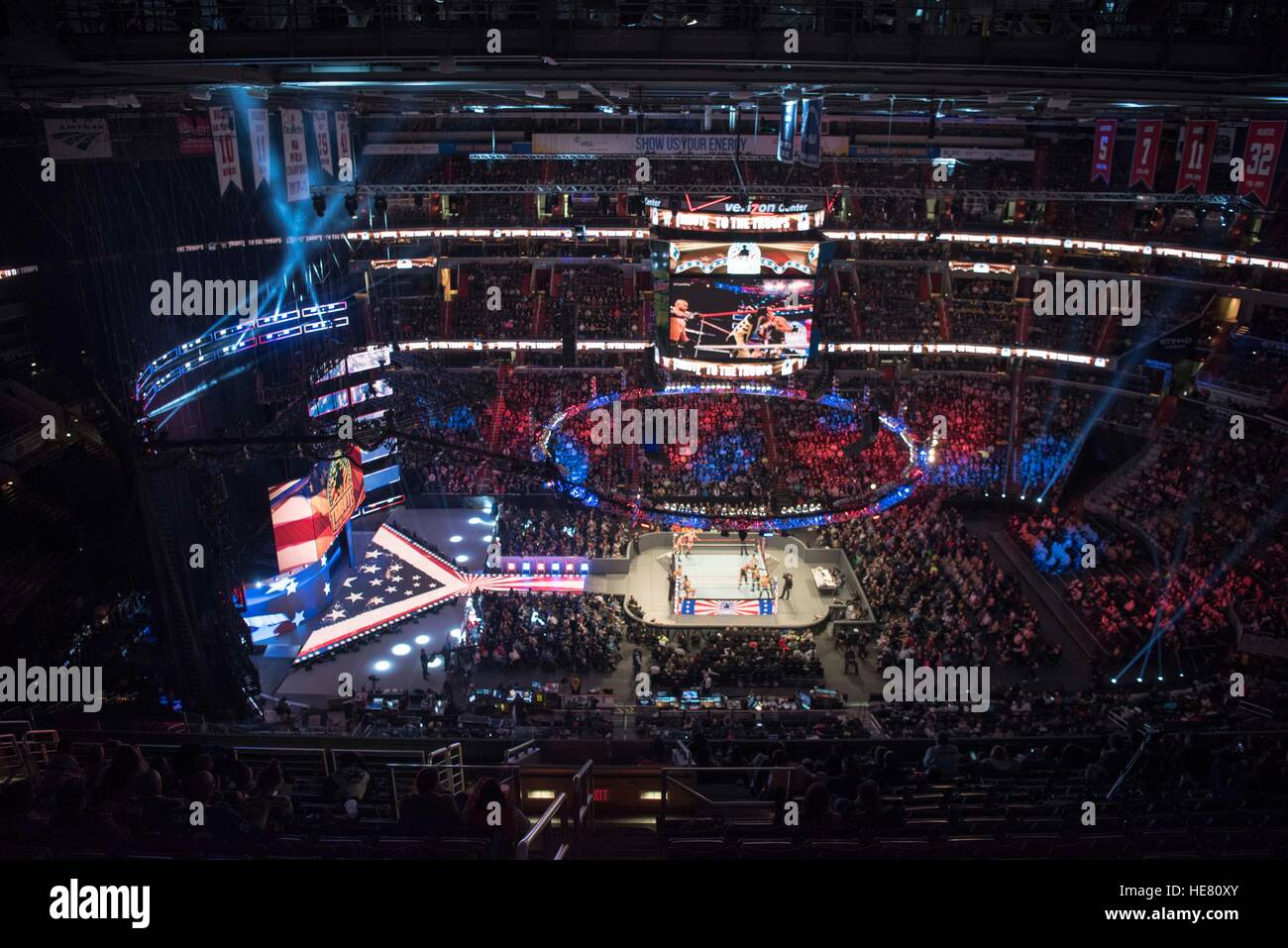 Aerial view of the Verizon Center stadium set up with a center court