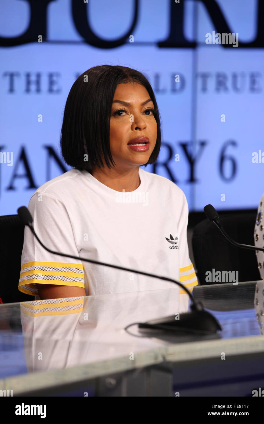 Actress Taraji Henson talks to the media during a news conference for the upcoming film Hidden Figures at the Kennedy Space Center Press Site Auditorium December 12, 2016 in Merritt Island, Florida. The film is based on the African-American women who worked on the NASA Project Mercury missions in 1962. Stock Photo