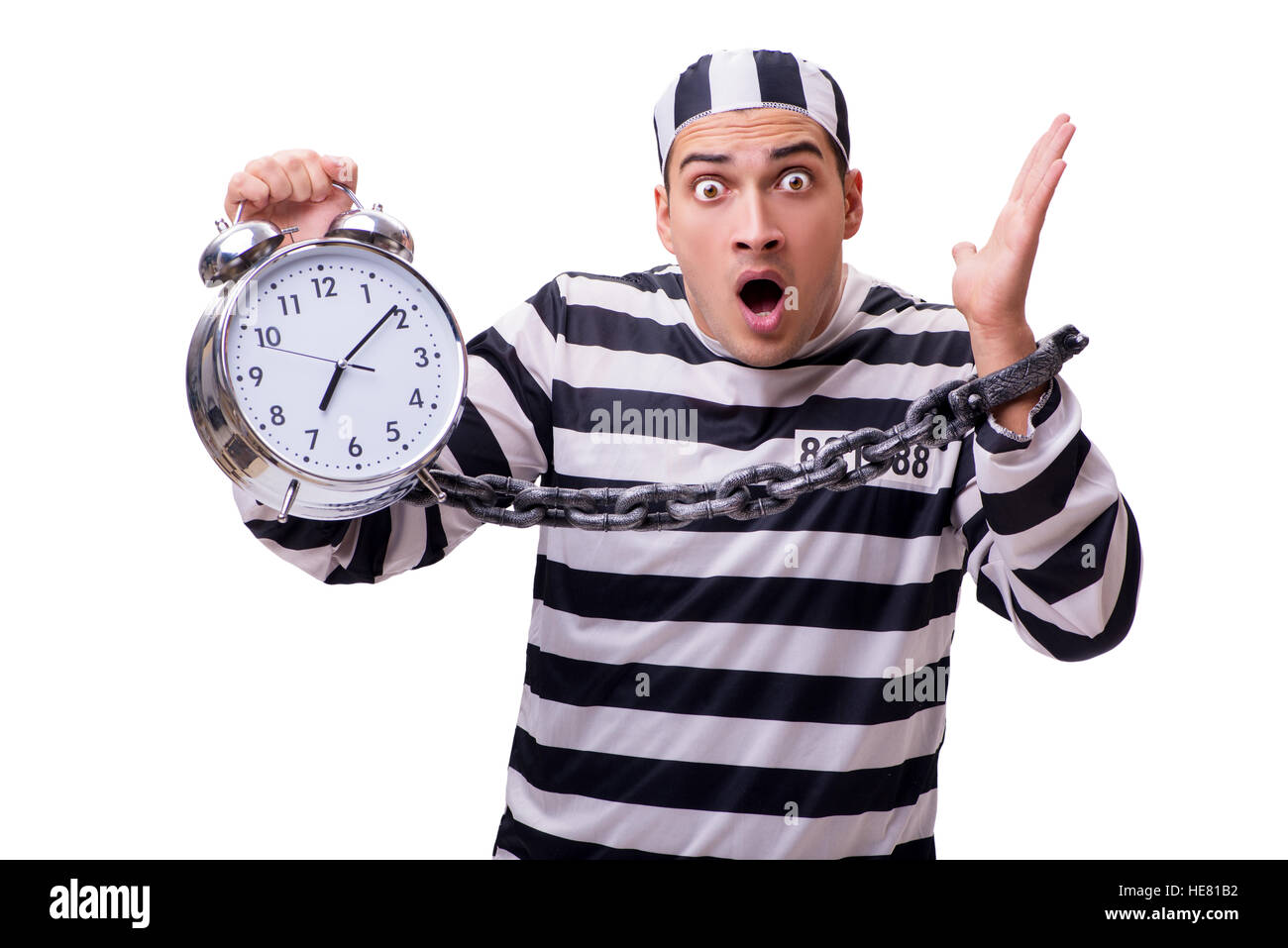 Man prisoner with clock isolated on white Stock Photo - Alamy