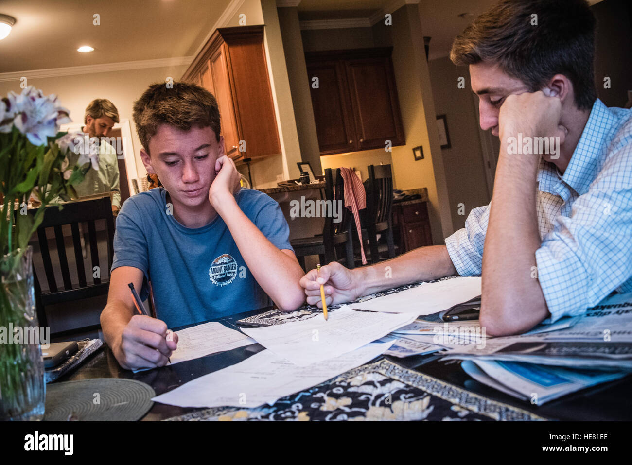 Two brothers confer over homework at kitchen table. Stock Photo
