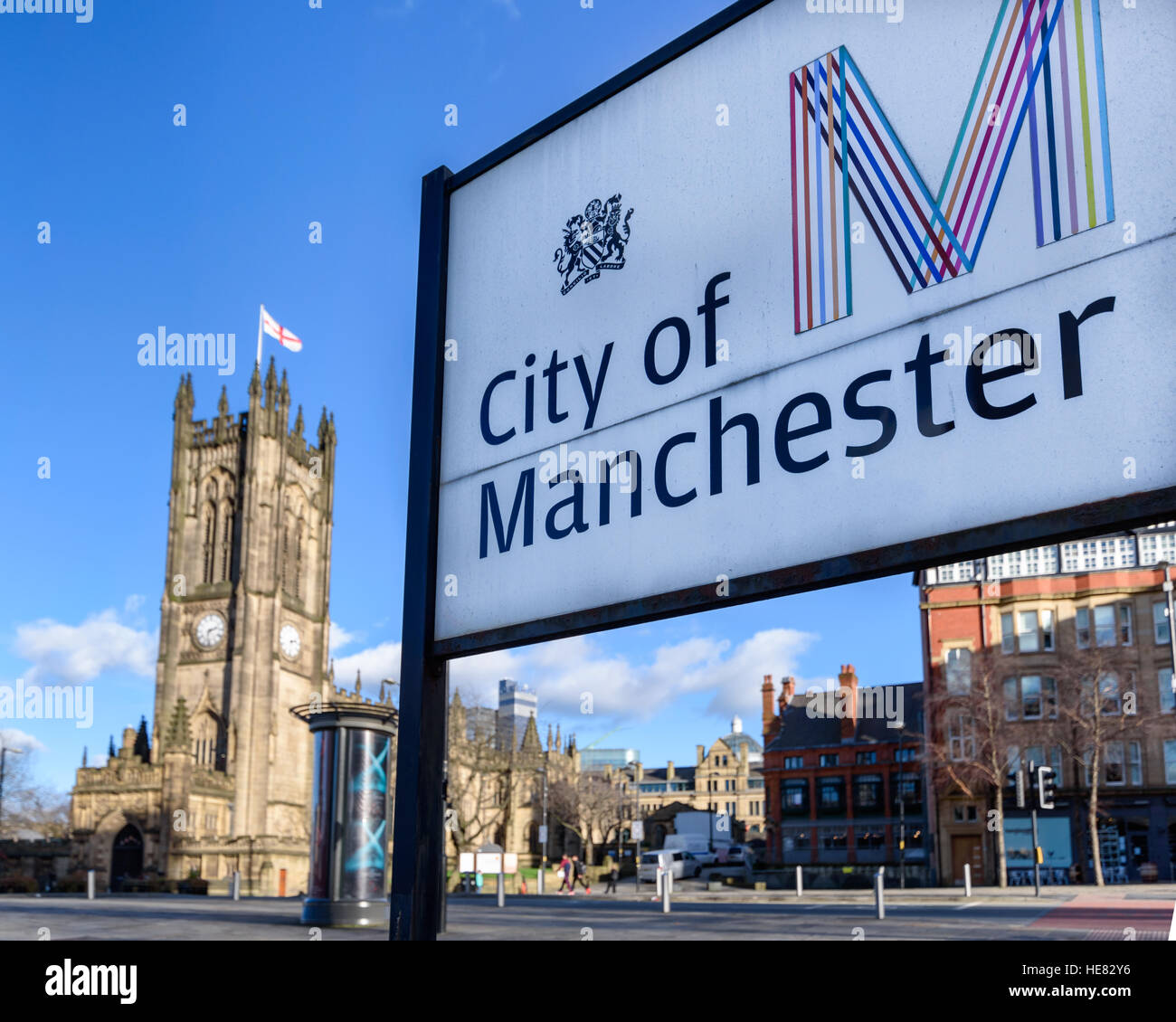 Sign Board Of Manchester City With Collegiate Church In Its Stock Photo Alamy