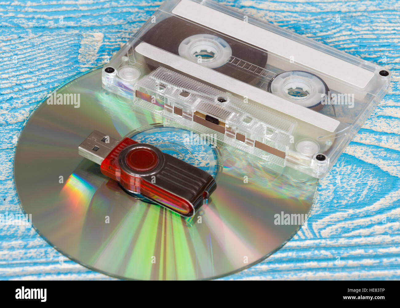The photo shows the disk, tape and flash drive Stock Photo