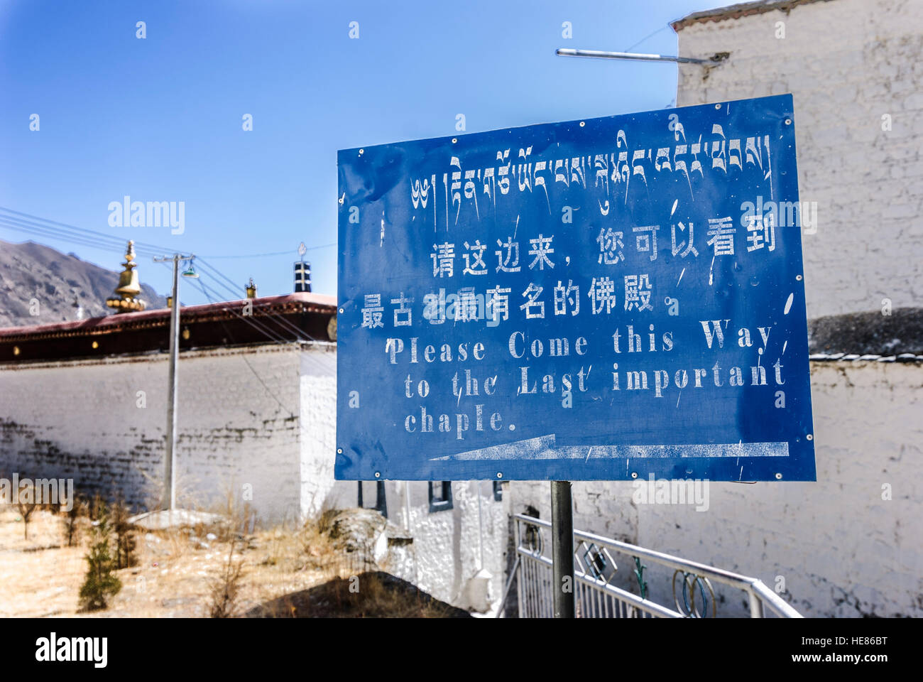 Lhasa: Monastery Drepung; 'The Last important chapel': Comforting signpost after many chapels before, Tibet, China Stock Photo