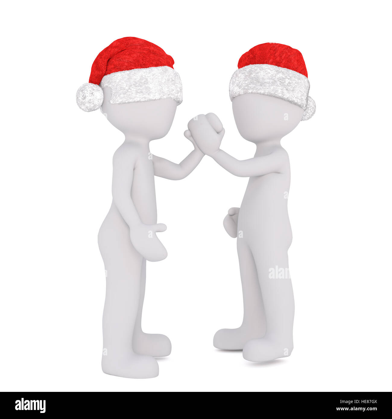 Two full body macho 3d toons in Santa hat clasping hands in friendship on white background Stock Photo