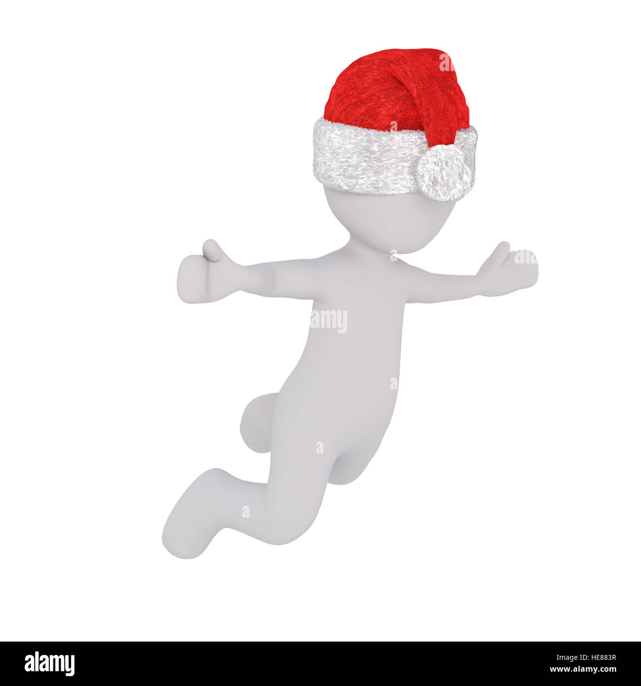 Side full body 3d toon in Santa hat falling forwards with outstretched arms, white background Stock Photo