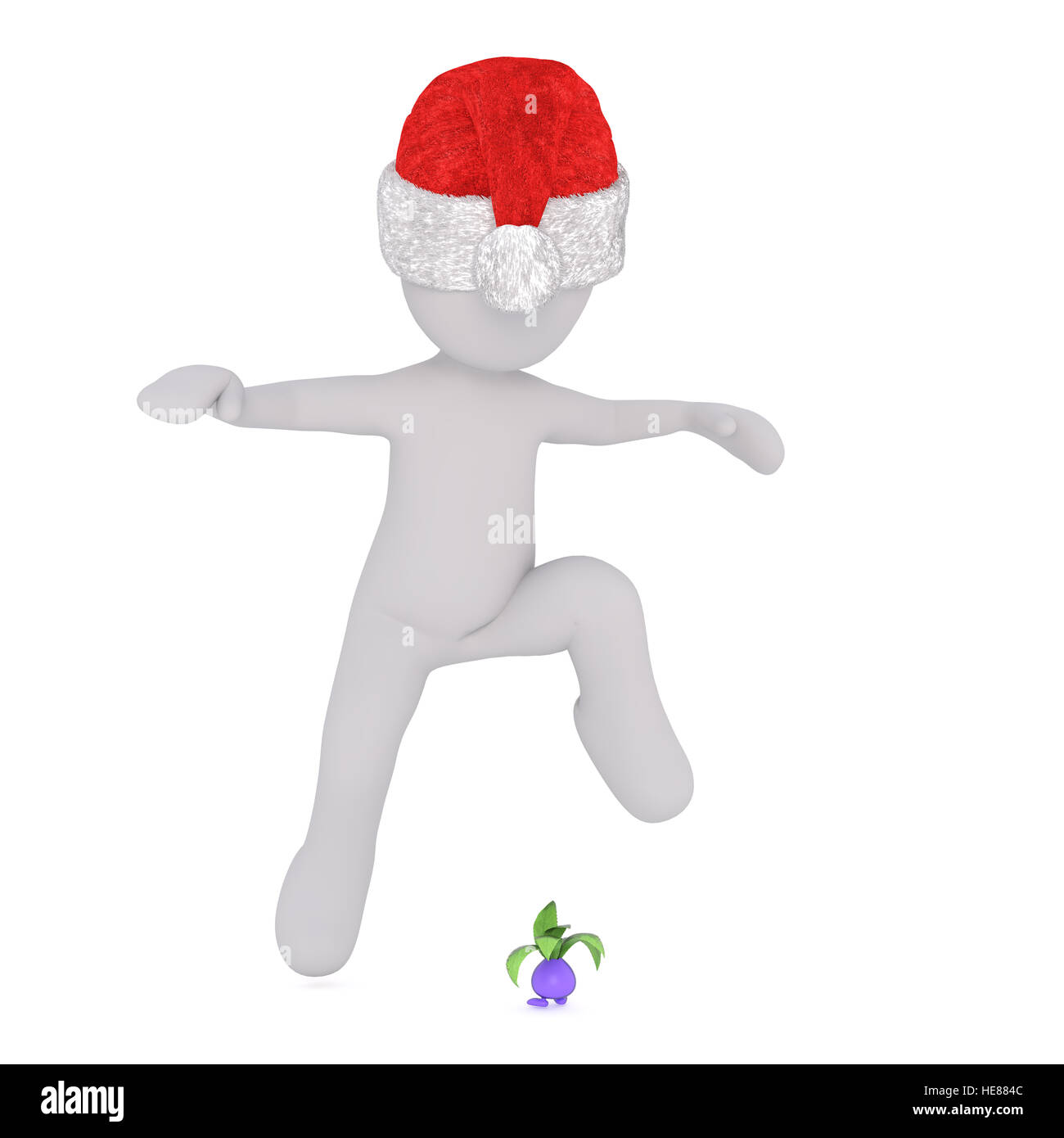Full body 3d toon figure in Santa hat avoiding small virus character jumping over, white background Stock Photo