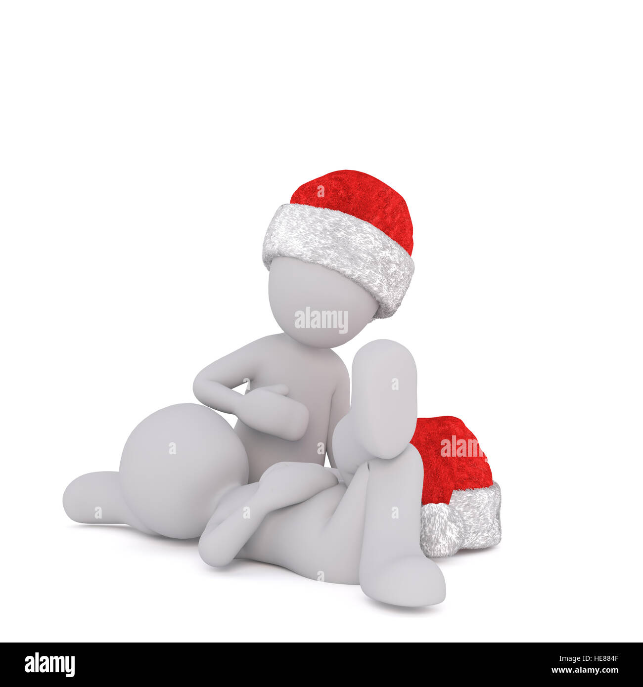 3d toon couple in Santa hats relaxing together, sat and lying on ground, white background Stock Photo