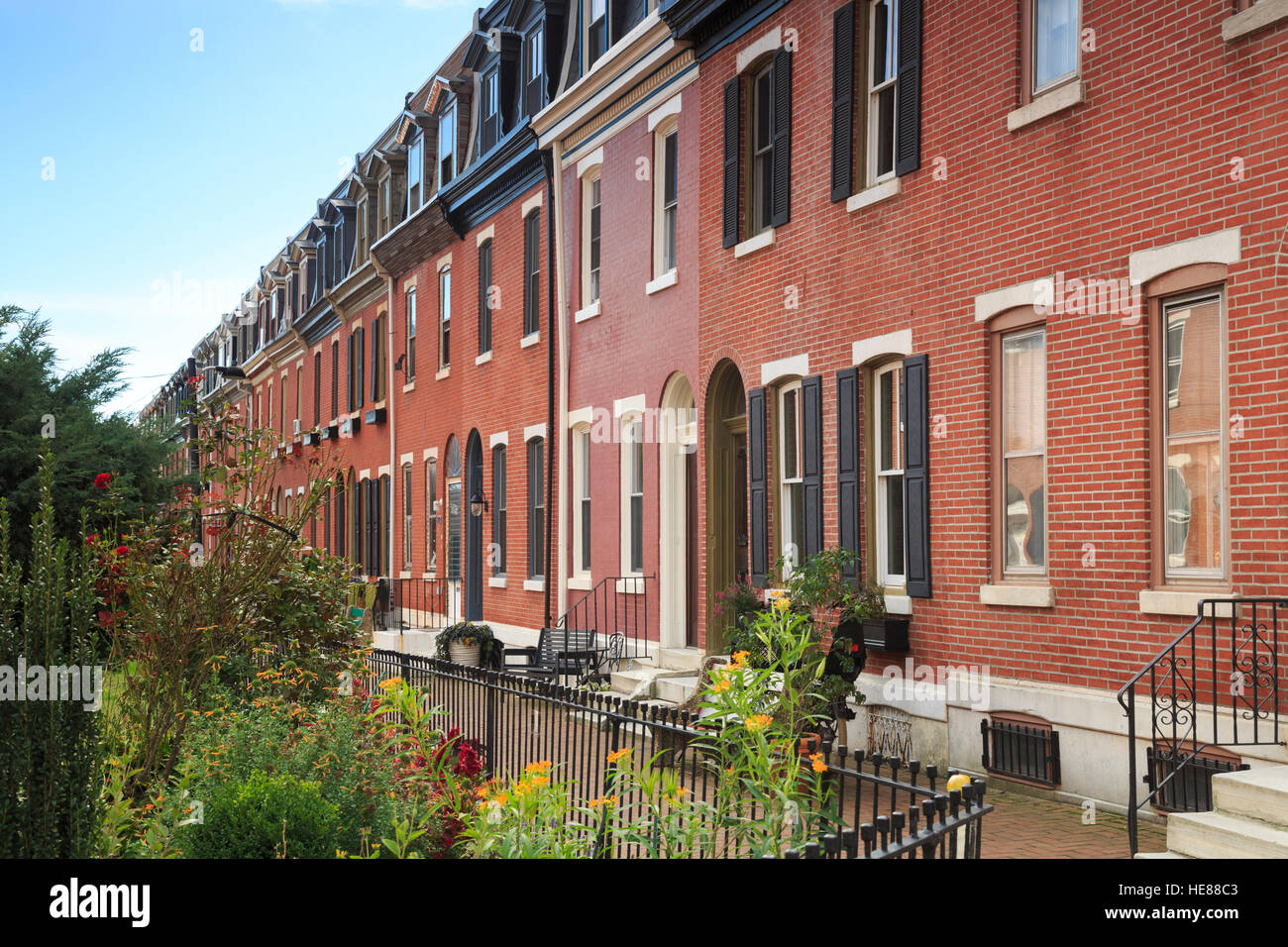 South Philadelphia Row Houses on Garden Block, St Albans Street,  Graduate Hospital Area, Philadelphia, PA, USA Stock Photo