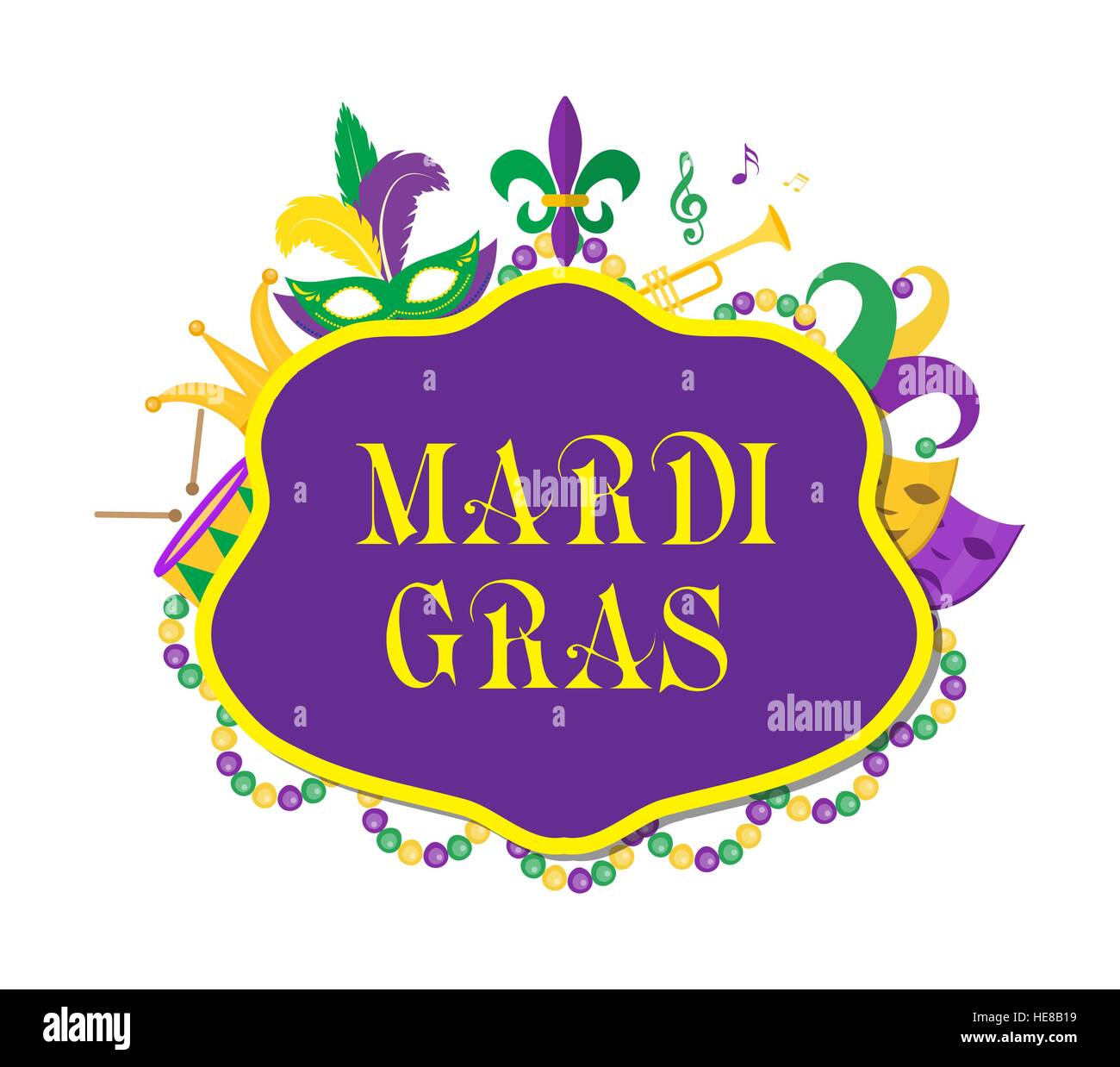 Mardi Gras poster with mask, beads, trumpet, drum, fleur de lis, jester hat, masks, comedy and drama. Carnival template, flyer, invitation. Fat Tuesday background. Vector illustration Stock Vector