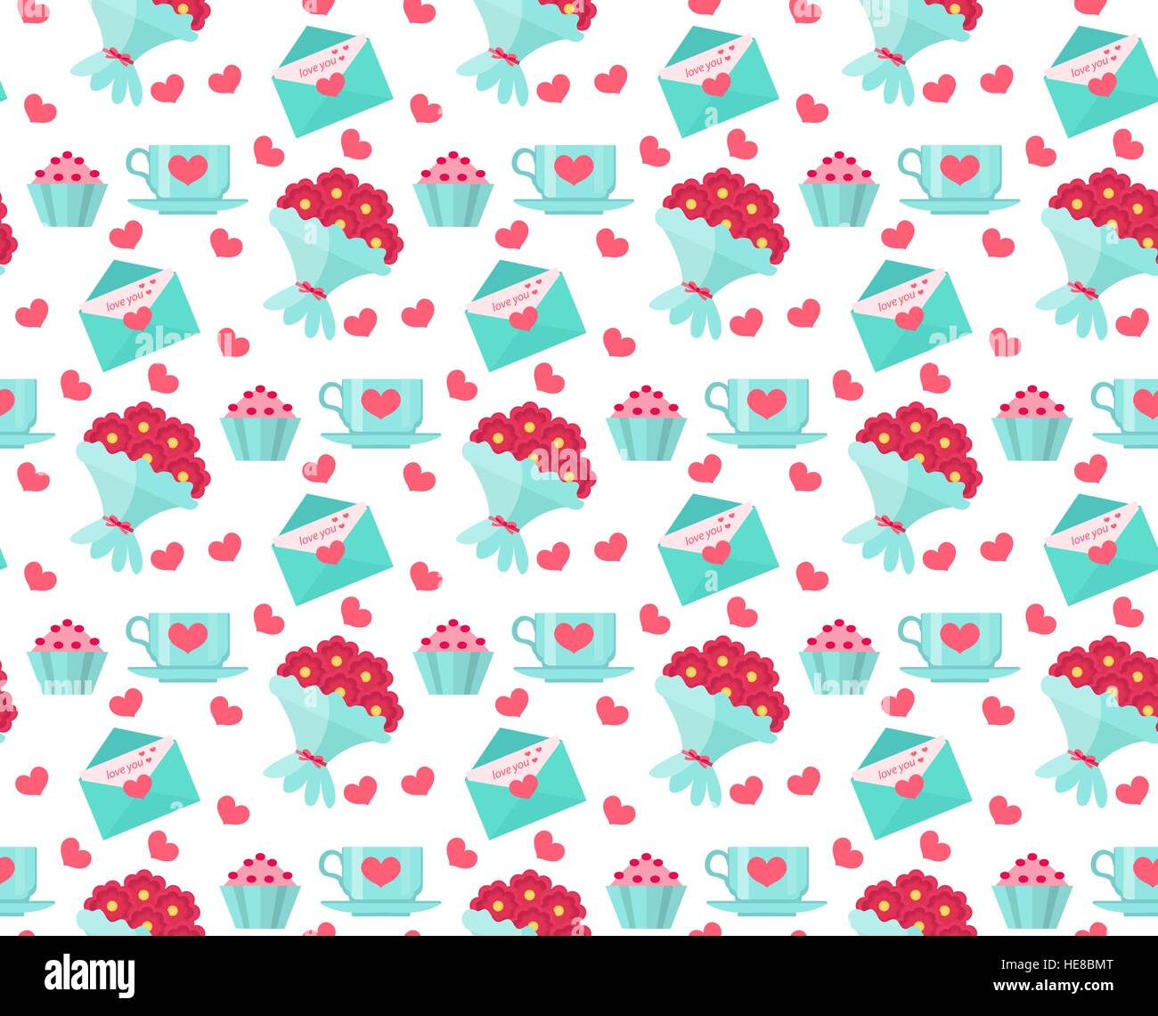 Cute Seamless Pattern Valentines Day With Coffee And Cake Heart