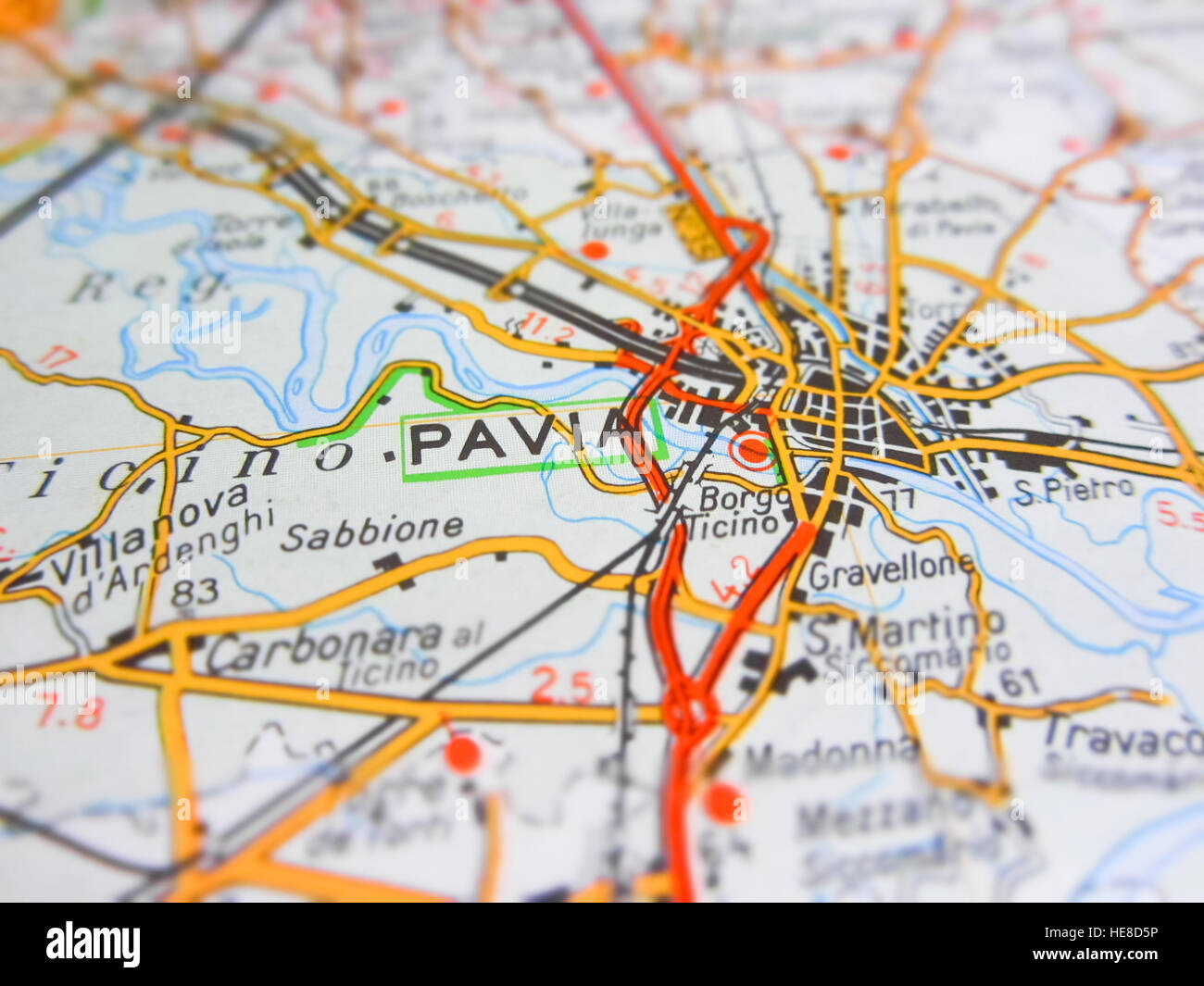 Pavia city over a road map (ITALY) Stock Photo