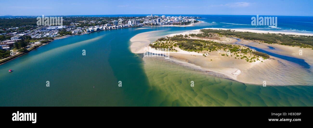 Aerial image from drone of Pumicestone Passage, Bribie Island, and Caloundra. The sandbars exhibit interesting patterns. Stock Photo