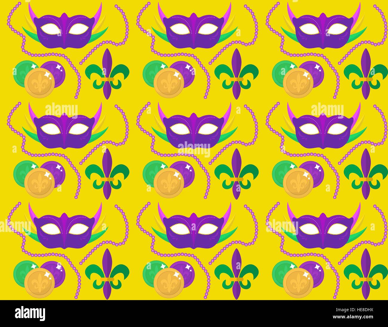 Mardi Gras Carnival seamless pattern with mask feathers, beads. endless