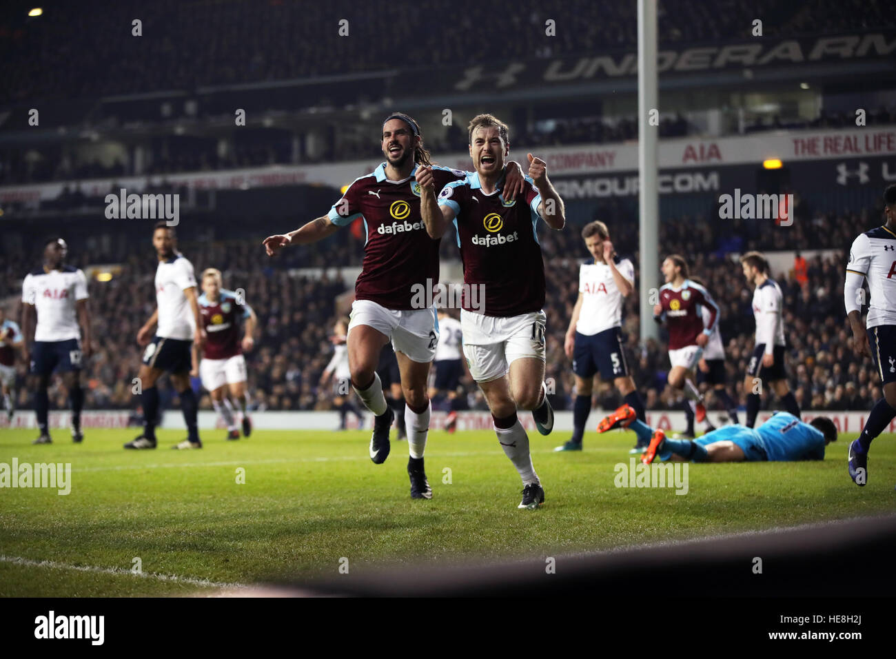 Burnley's Ashley Barnes (right) celebrates scoring his side's first goal of the game with George Boyd during the Premier League match at White Hart Lane, London. Stock Photo