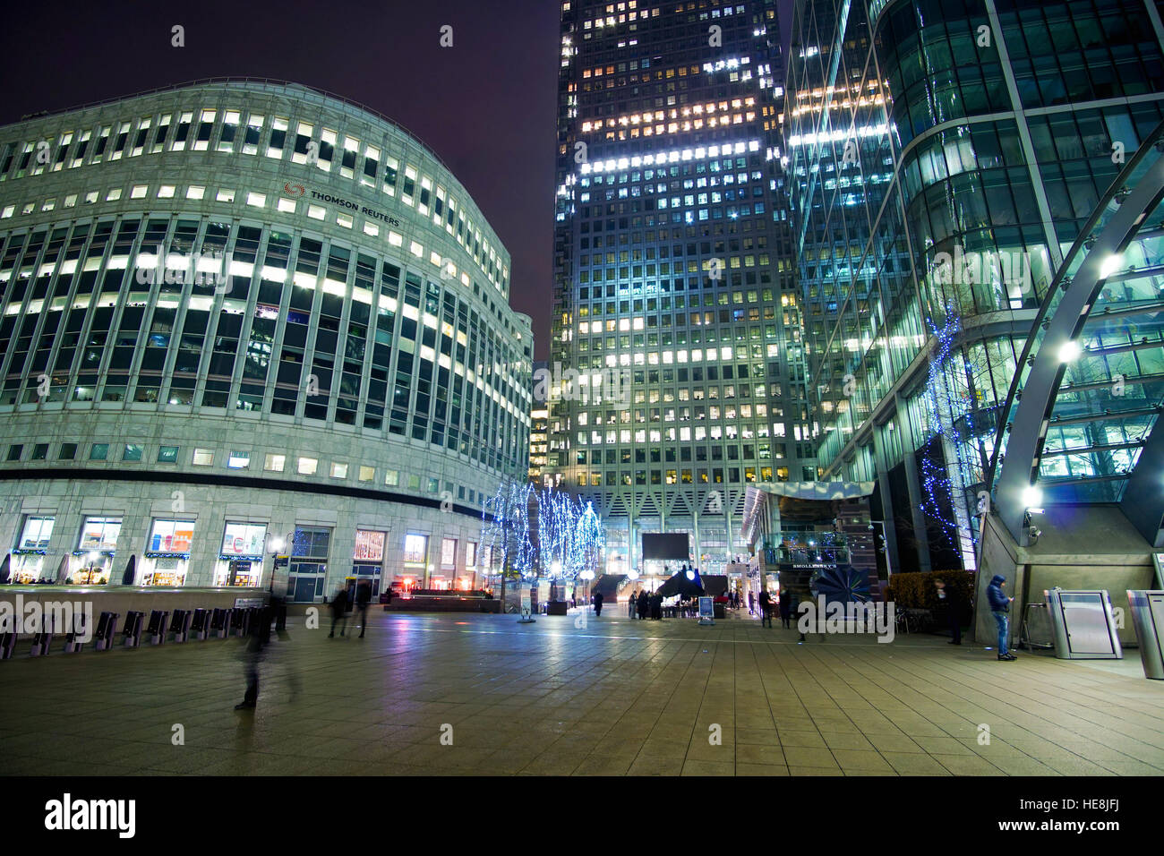 Wide angle shot of Reuters Plaza at Canary Wharf in London Stock Photo
