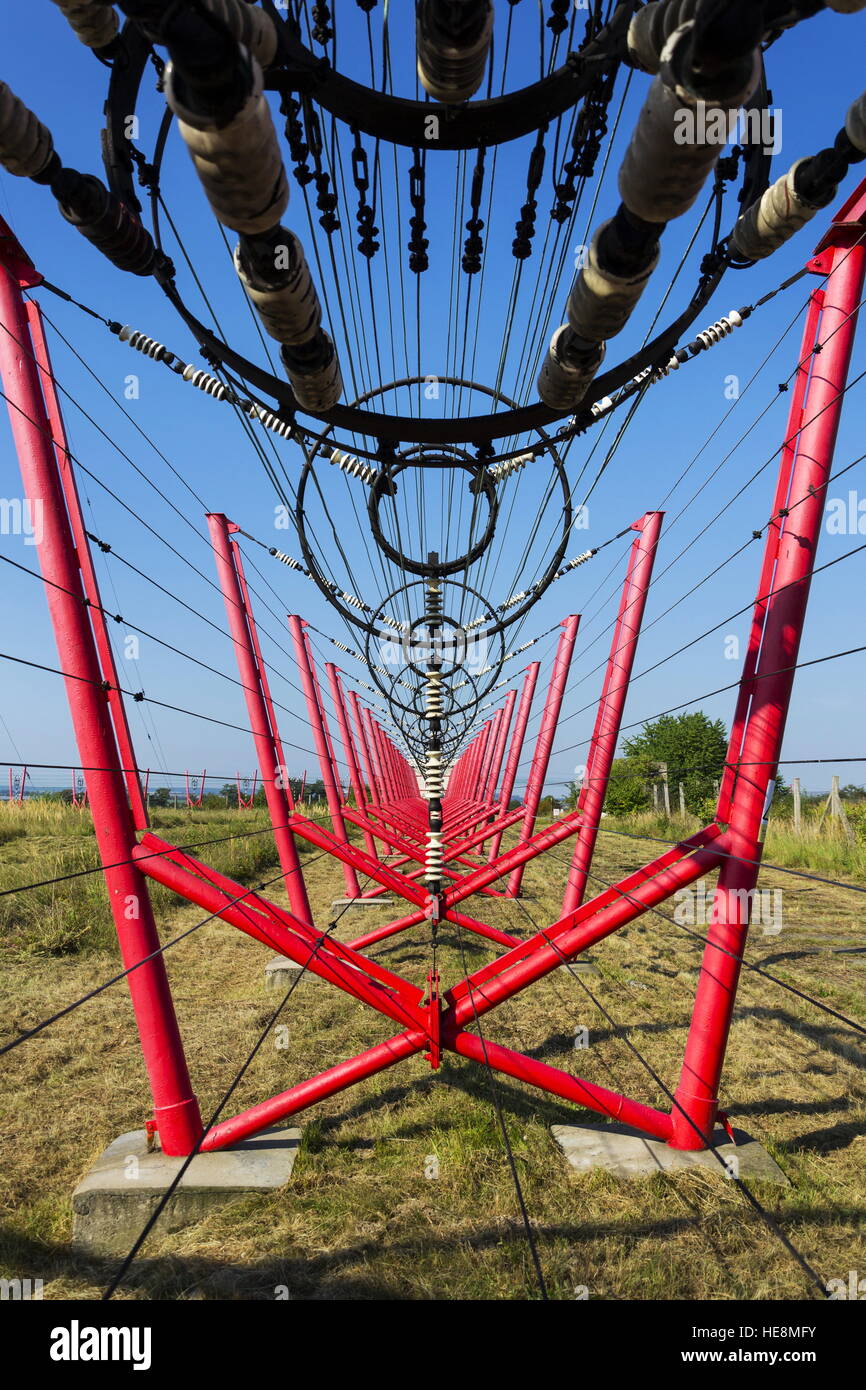 Communication wires lead to switching station from radio transmitter