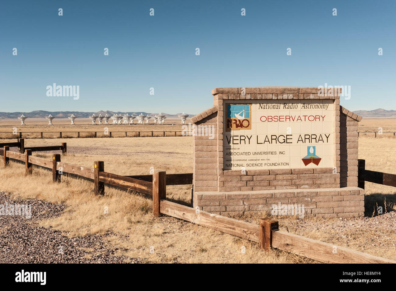 Entrance sign at the Very Large Array (VLA) National Radio Astronomy Observatory in New Mexico, NM, USA. Stock Photo