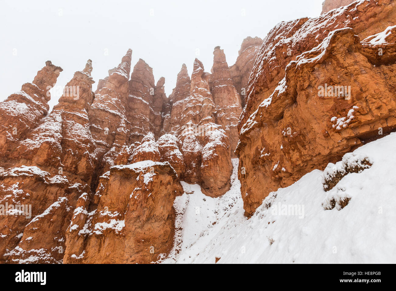 Ice and snow covered hoodoos in Bryce Canyon National Park in Southern Utah. Stock Photo