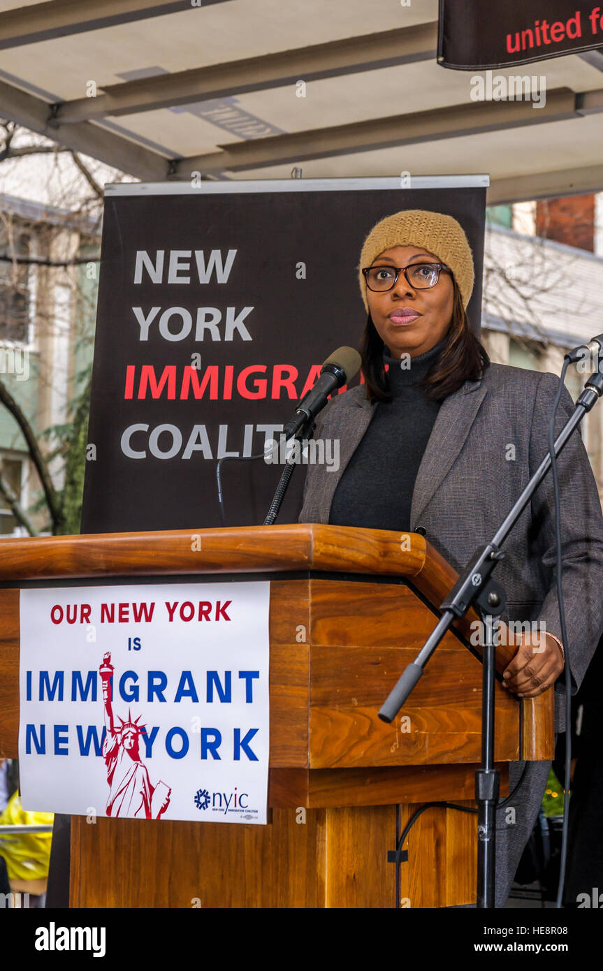 New York, United States. 18th Dec, 2016. On Sunday, December 18th, International Migrants Day, thousands of New Yorkers came out to peacefully rally and send a clear message to President-elect Trump and his administration: immigrant communities are here to stay and pledge to fight back against hate and anti-immigrant policies - “New York City will always stand behind our immigrants,” said Public Advocate Letitia James. © Erik McGregor/Pacific Press/Alamy Live News Stock Photo