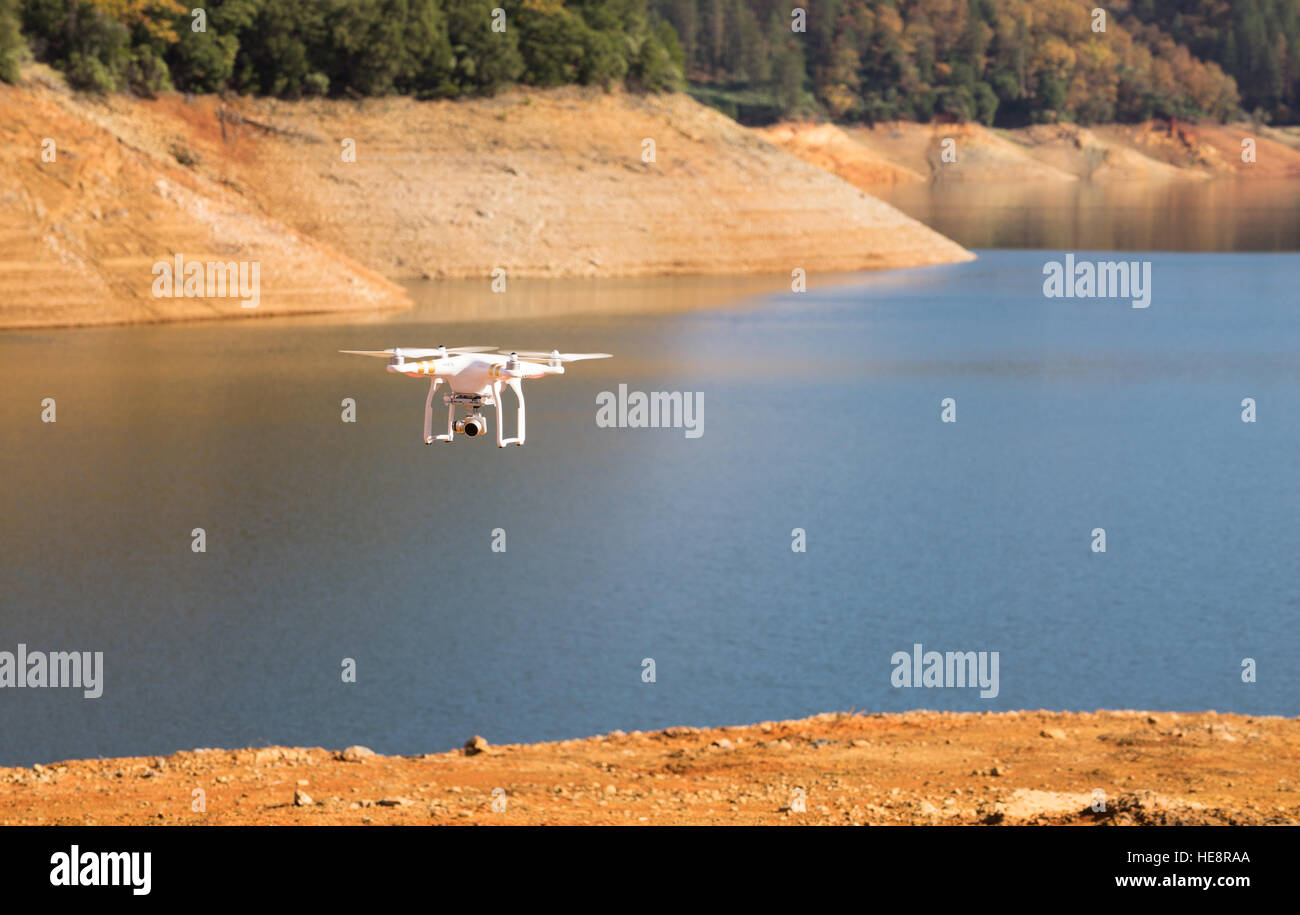 UAV Unmanned Drone Flight Flying Lake Shasta California Stock Photo