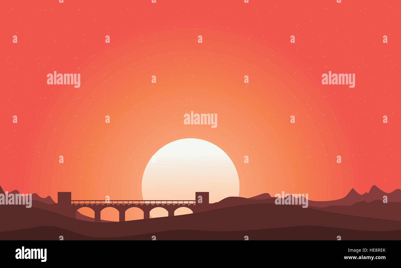 Silhouette of bridge landscape on orange sky Stock Vector Image & Art ...