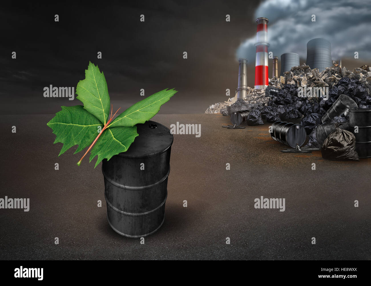 Pollution conservation hope environmental concept as a leaf shaped as a butterfly on an old dirty petroleum oil can with industrial urban pollution la Stock Photo