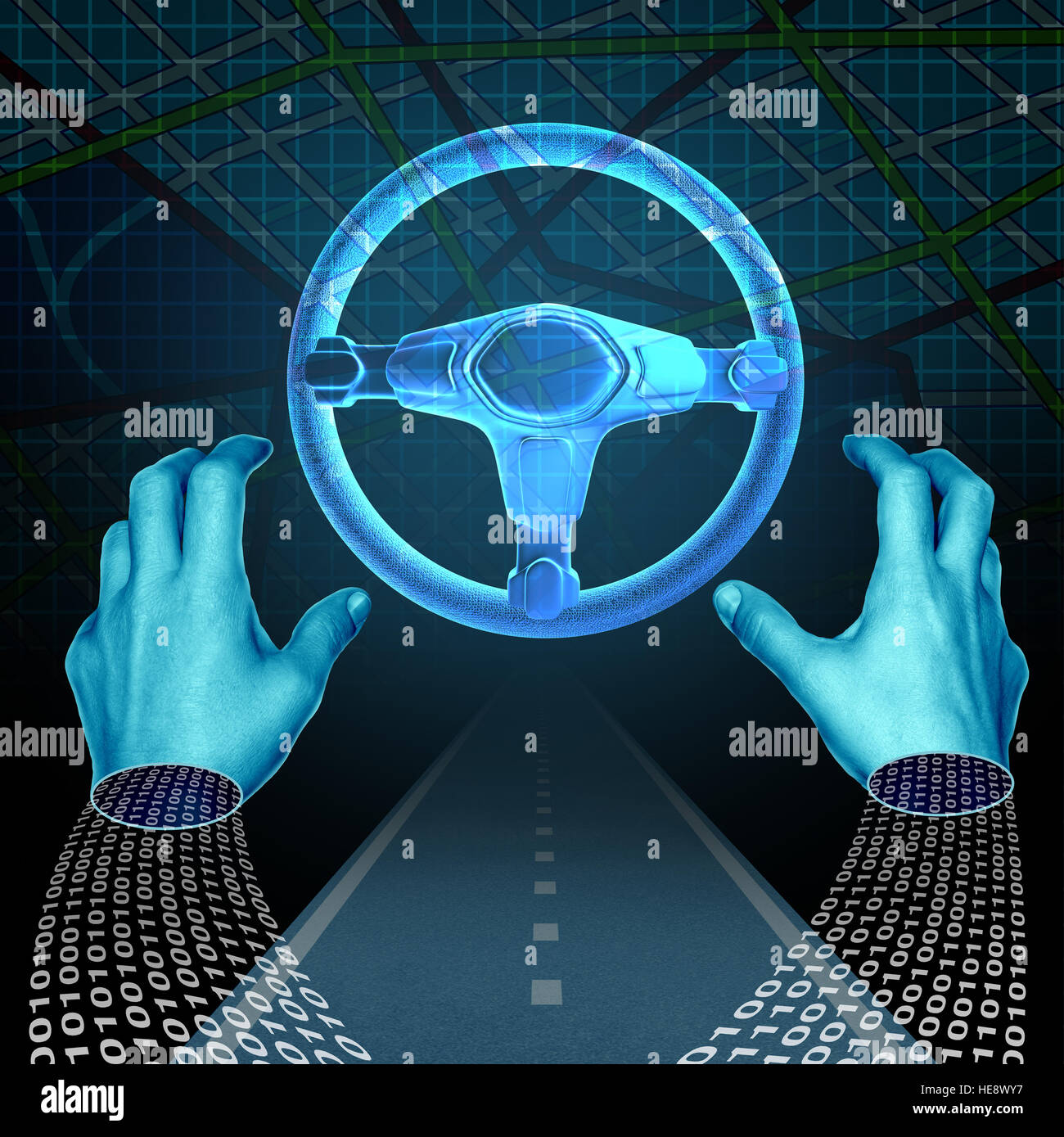 Autonomous driver technology concept and driverless automobile symbol as a digital driver with binary code on a road with hands off the steering wheel Stock Photo