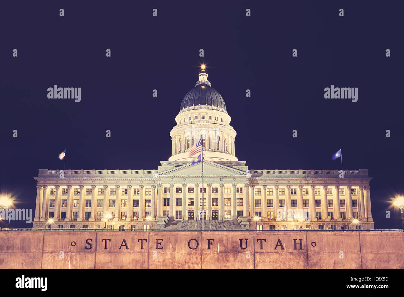Vintage toned picture of Utah State Capitol building in Salt Lake City at night, USA. Stock Photo