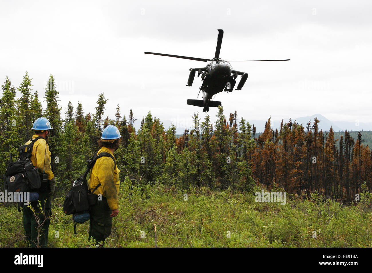 Members with the U.S. Forest Service's Lassen Interagency Hotshot crew stationed at Susanville, Calif., observe an Alaska Army National Guard UH-60 Black Hawk helicopter approach a landing zone June 30, 2013, over Palmer, Alaska. The 21-member team contained a 40-acre wildfire and conducted clean up operations.  Percy Jones, U.S. Air Force Stock Photo