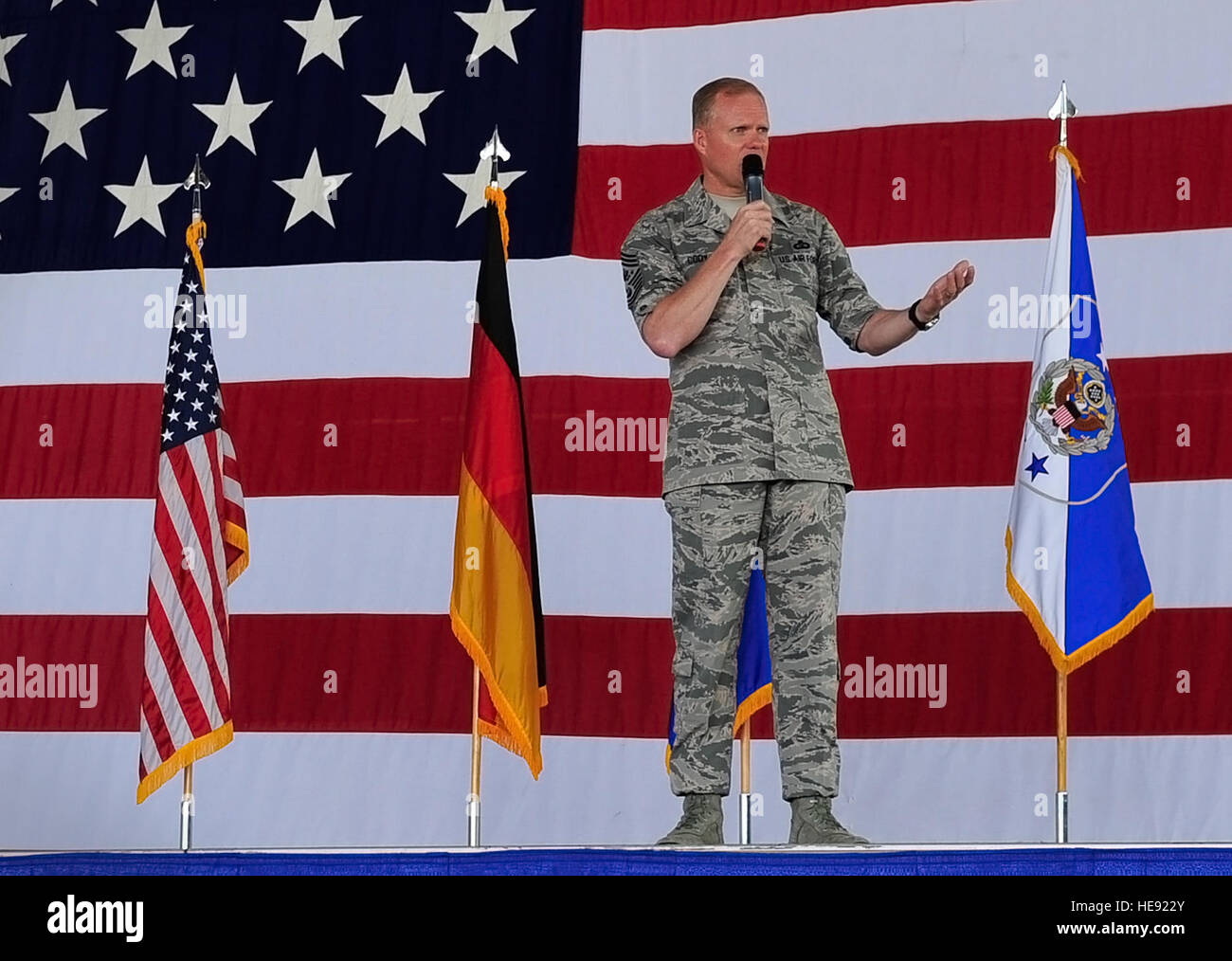 Chief Master Sgt. of the Air Force James A. Cody meets with Airmen during an all call June 15, 2015, at Ramstein Air Base, Germany. Cody answered AirmenÕs questions regarding Air Force standards, new processes and entitlements. Airman 1st Class Larissa Greatwood) Stock Photo