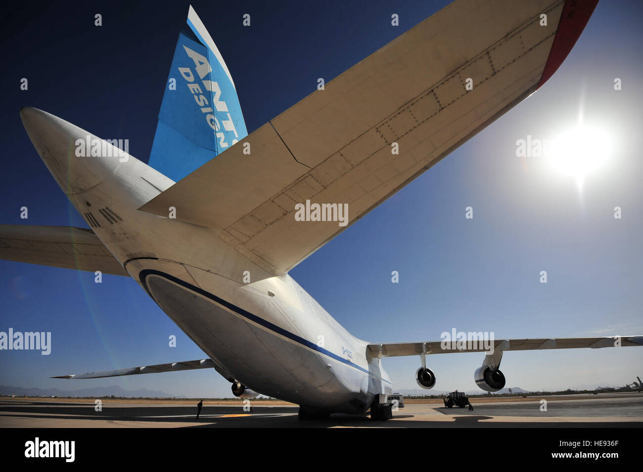 An Antonov An-124-100 Ruslan that transported two French air force Caracal EC-735 helicopters to participate in Exercise Angel Thunder with French air force personnel, sits on the flight line in preparation for Angel Thunder at Davis-Monthan Air Force Base, Ariz., May 2, 2014. Angel Thunder provides the most realistic personnel recovery training environment available to more than 2,700 U.S. Air Force rescue forces, as well as their joint, interagency and international partners to engage in a variety of personnel recovery scenarios. ( Airman 1st Class Chris Massey Stock Photo