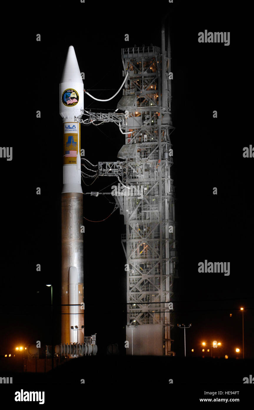 An Atlas V stands on Space Launch Complex-3 during its mobile servicing tower rollback on March 12.  The Atlas launched at 3:01 a.m. PDT March 13 at Vandenberg Air Force Base, Calif.  It carried a National Reconnaissance Office payload and was the first Atlas V to launch from the West Coast.  Airman 1st Class Christian Thomas) Stock Photo