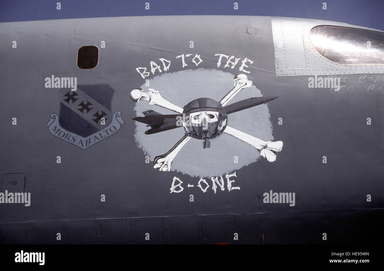 Nose art of B-1B Lancer, tail number 86-107, "Bad to the B-one" one of four  bombers of the 9th Bomb Squadron, Dyess Air Force Base, Texas, which will  launch during exercise CORONET