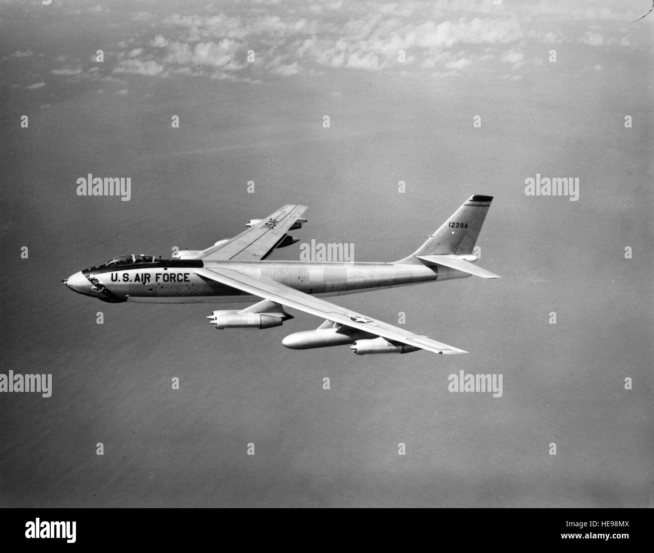 An overall view of a Boeing B-47 Stratojet aircraft in flight. The world's first swept-wing bomber.  7 April 1956 Stock Photo