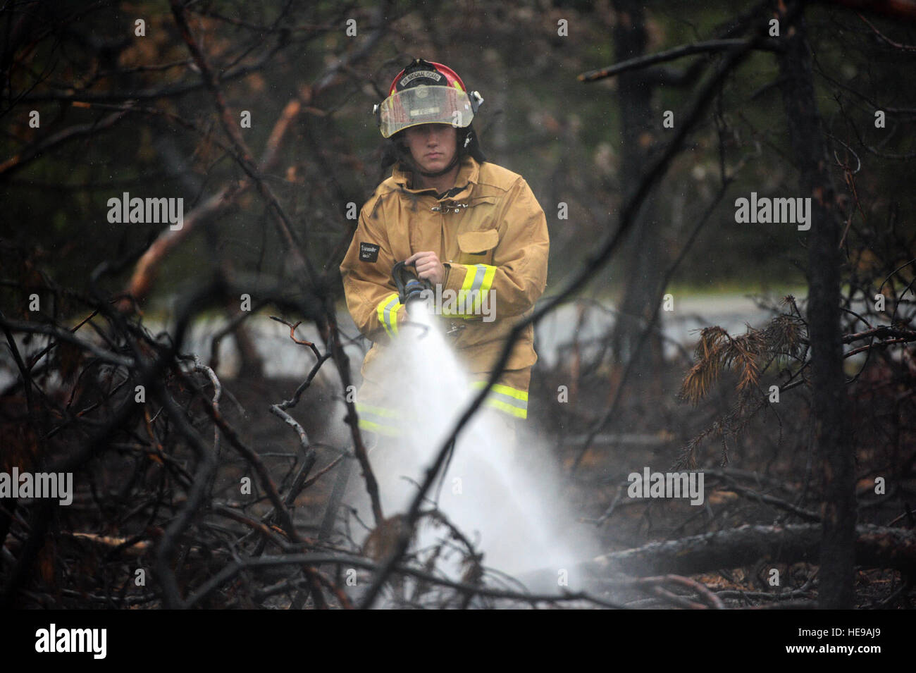 Senior Airman Brandon L. Ehlers, a firefighter with the 106th Rescue Wing, sprays down a burned area of woods Aug. 21, 2015, in Westhampton Beach, N.Y. Multiple agencies and fire departments responded to a major brush fire in the area. Firefighters from the 106th RQW checked for hot spots, which was a serious concern due to the dry weather during the previous week. (New York Air National Guard photo/Staff Sgt. Christopher S. Muncy) Stock Photo