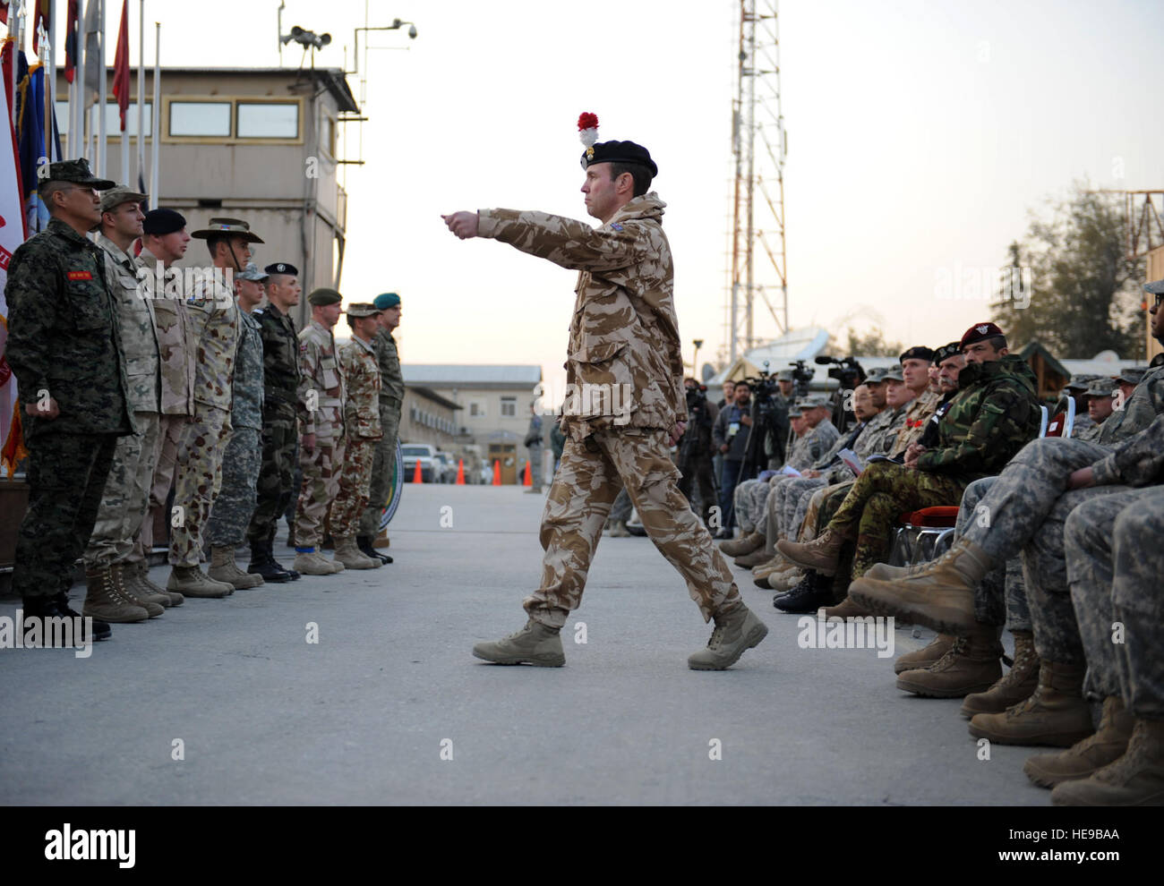 A British Army soldier march up to the coalition forces formation during the Veterans Day ceremony at Camp Eggers, Kabul, Afghanistan, Nov. 11. Ten countries were represented during the commemoration ceremony honoring service members past and present. Stock Photo