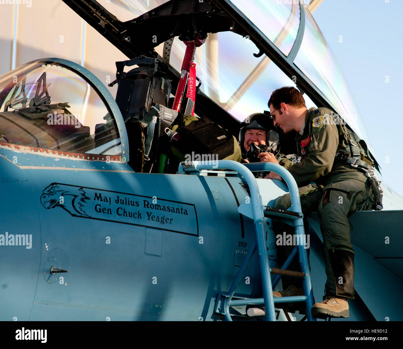 Retired United States Air Force Brig. Gen. Charles E. 'Chuck' Yeager and Capt. David Vincent, 65th Aggressor Squadron pilot, prepare for their flight in an F-15D Eagle Oct. 14, 2012, at Nellis Air Force Base, Nev. Yeager and Vincent are commemorating the 65th anniversary of Yeager's historic breaking of the sound barrier flight Oct. 14, 1947, in the Bell XS-1 rocket research plane named 'Glamorous Glennis.'  Master Sgt. Jason W. Edwards) Stock Photo