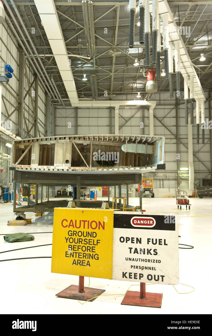 A C5A auxiliary fuel tank sits in the Aircraft Fuel Systems Repair