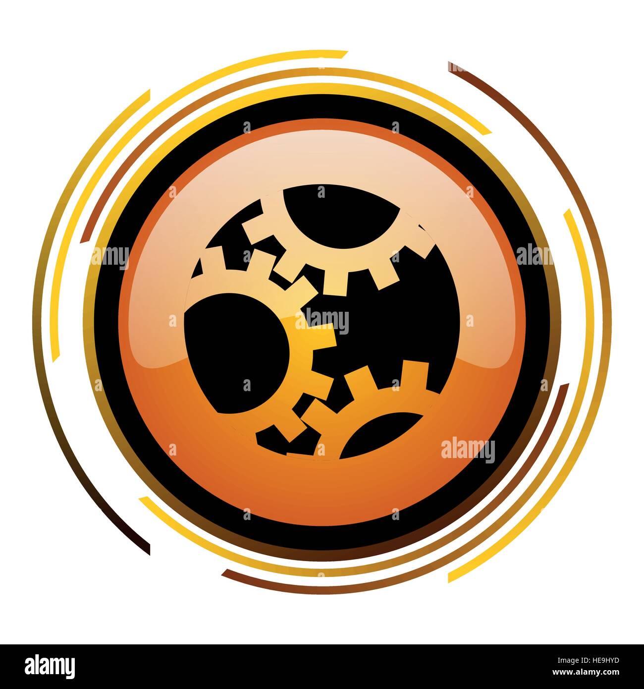 Gears vector icon. Modern design round orange button isolated on white