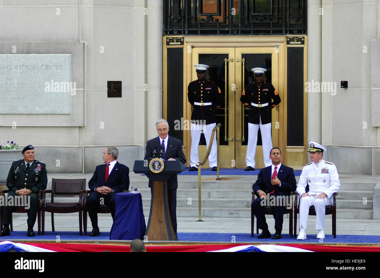 President George W. Bush and Deputy Secretary of Defense Gordon England preside over the Walter Reed National Military Medical Center ground breaking ceremony at Bethesda Naval Hospital in Md., Thursday, July 3, 2008.     Tech. Sgt. Suzanne M. Day () Stock Photo
