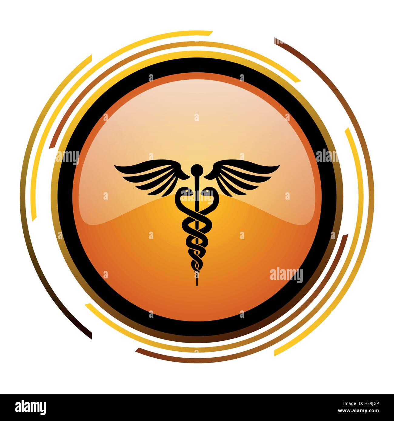 Caduceus vector icon. Modern design round orange button isolated on white background for web and applications in eps10 Stock Vector
