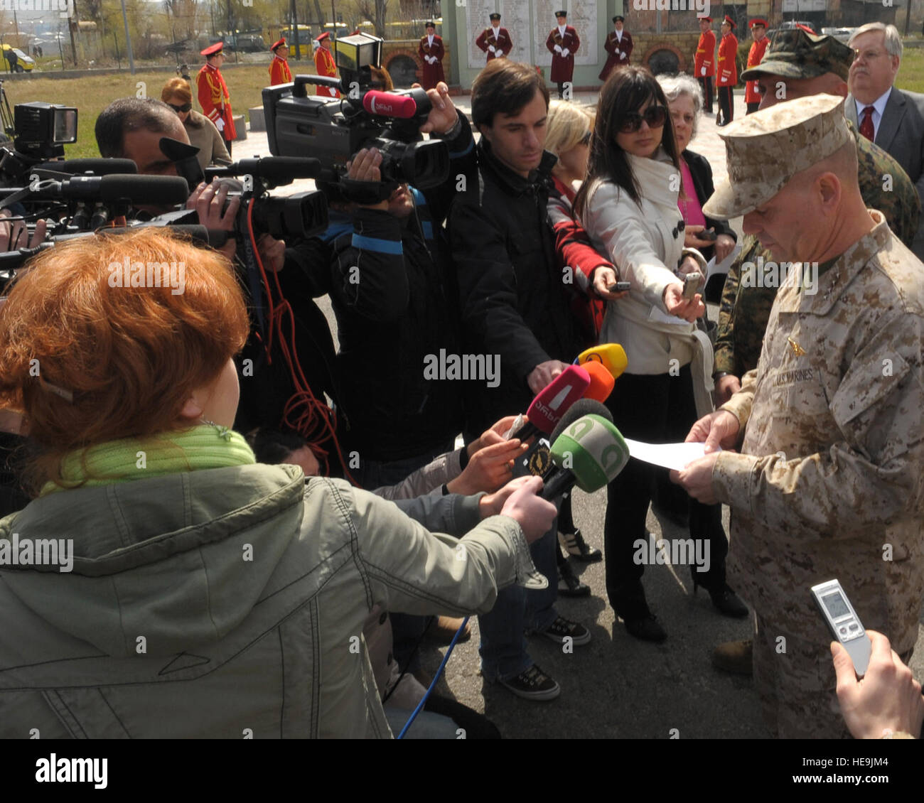 Vice Chairman of the Joint Chiefs of Staff U.S. Marine Gen. James E. Cartwright reads a statement during a press interview in Gori, Georgia, March 30, 2009. Cartwright visited the country to meet with senior Georgian civilian and military officials.  Air Force Master Sgt. Adam M. Stump. (Released) Stock Photo