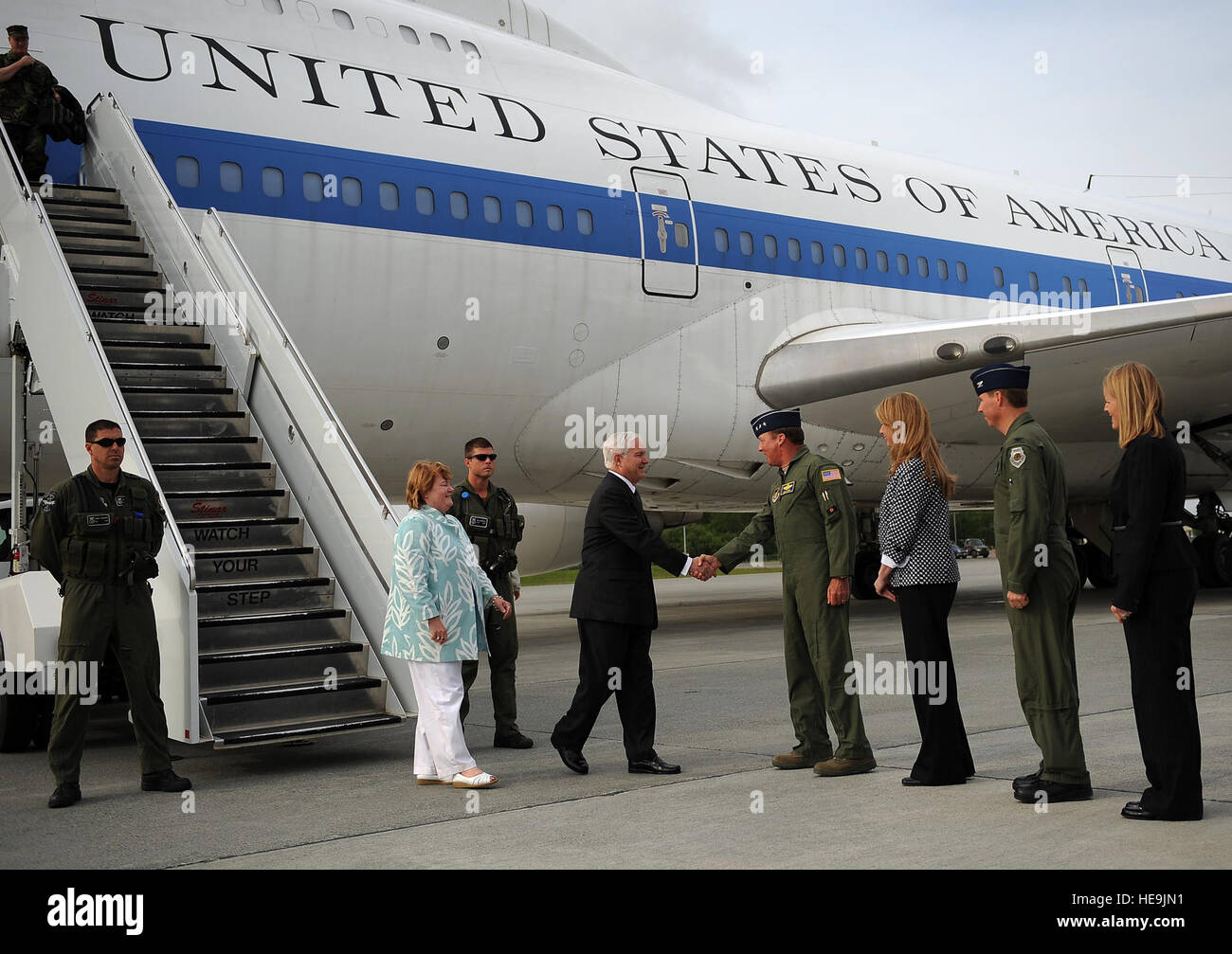 U.S. Defense Secretary Robert M. Gates and wife Becky are greeted by Air Force Lt. Gen. Dana T. Atkins, Commander of Alaskan Command, during his visit to Elmendorf Air Force Base, Alaska, June 1, 2009. DOD  Air Force Master Sgt. Jerry Morrison() Stock Photo