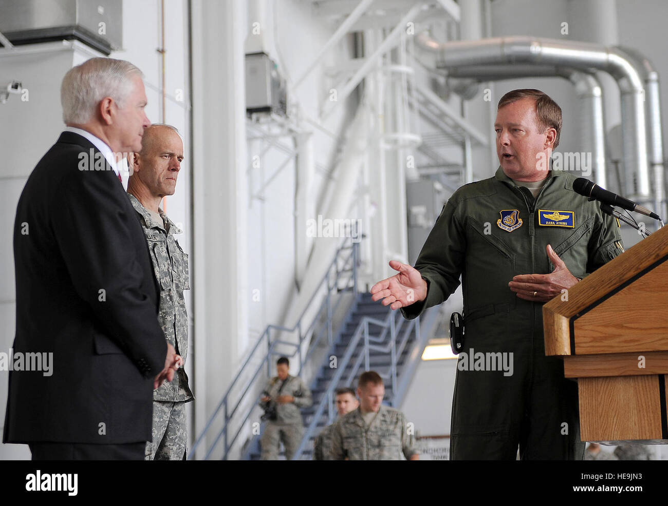 U.S. Air Force Lt. Gen. Dana T. Atkins, Commander of Alaskan Command, thanks U.S. Defense Secretary Robert M. Gates during his visit to Elmendorf Air Force Base, Alaska, June 1, 2009. DOD  Air Force Master Sgt. Jerry Morrison() Stock Photo