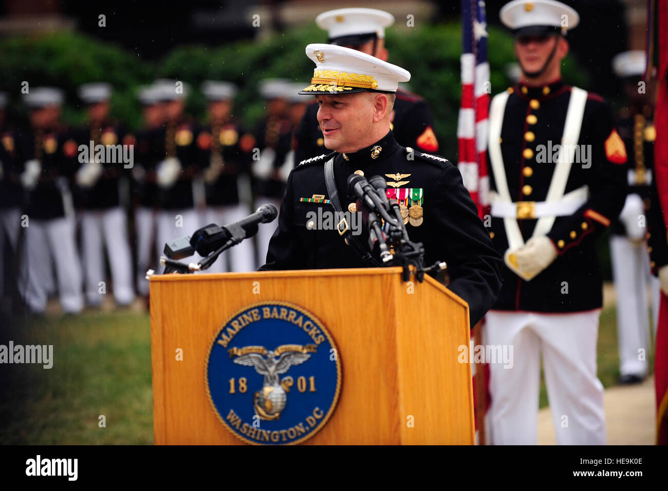 Joint Chiefs of Staff Vice Chairman Gen. James E. Cartwright addresses the audience at a farewell tribute ceremony held in his honor at the Marine Corps Barracks, Washington, D.C., Aug. 3, 2011.  Tech. Sgt. Jacob N. Bailey, U.S. Air Force Stock Photo