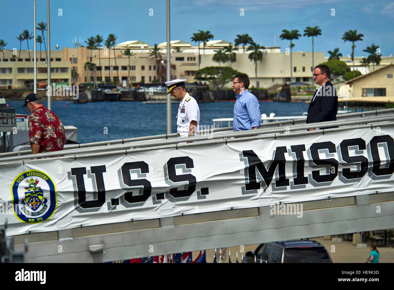 U.S. Navy Rear Adm. Robin M. Watters, U.S. Pacific Command, chief of staff, escorts Deputy Defense Secretary, Dr. Ashton B. Carter aboard the USS Missouri (BB-63) memorial July 7, 2012, for a tour and to meet with service members to thank them for their service during a critical transition of U.S. Forces throughout the Asia-Pacific region. ( U.S. Air Force Tech. Sgt. Michael R. Holzworth Stock Photo