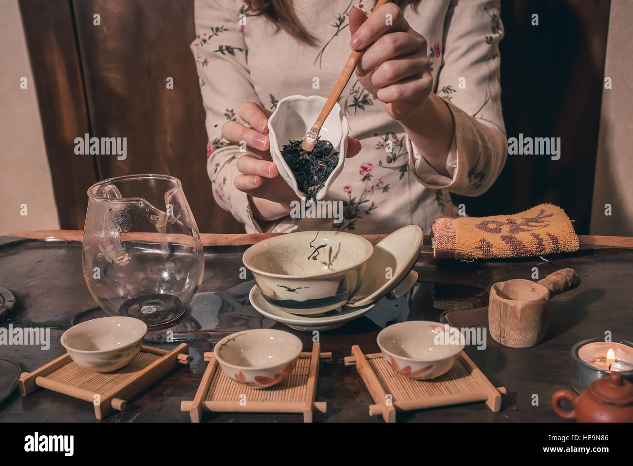 tea ceremony is performed by master Stock Photo