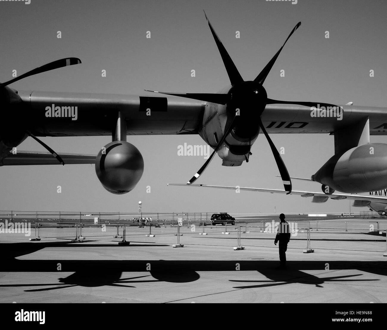 Senior Airman Colten Barrow, 380th Expeditionary Security Forces Squadron, watches for any security threats as a close-bound sentry during the 2015 Dubai Air Show, United Arab Emirates, Nov. 9, 2015. Members of the 380th ESFS are at the air show to control entry into the Department of Defense corral and provide security for all DoD personnel supporting the corral. Barrow is deployed from Tinker Air Force Base, Oklahoma.  Tech. Sgt. Joshua Strang) Stock Photo